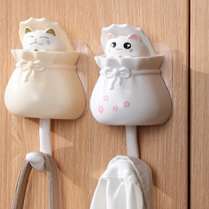 Creative Lucky Bag Cat Wall Hooks / Funny Design Self Adhesive Sticky Wall Hangers for Towel Key Sundries Organizer Accessories