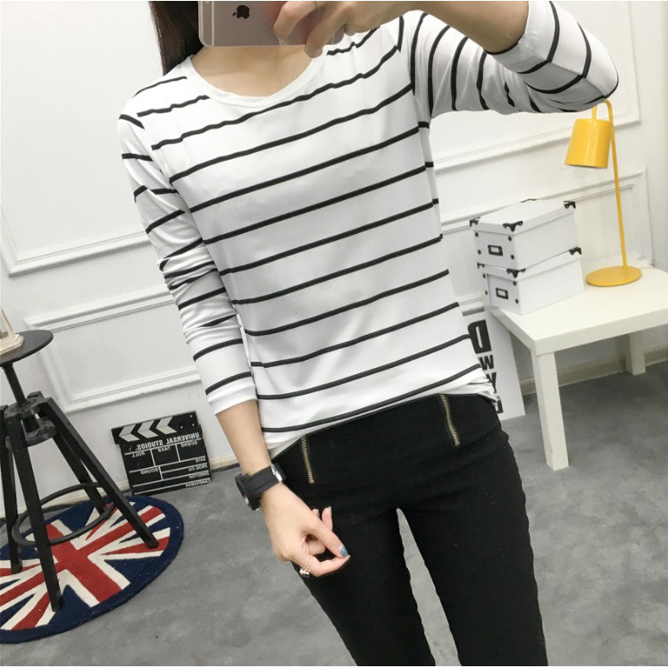 Kaos Wanita Lengan Panjang Kaos Bergaris T-shirt Casual Leher Bulat Kaos Fashion Korean Style