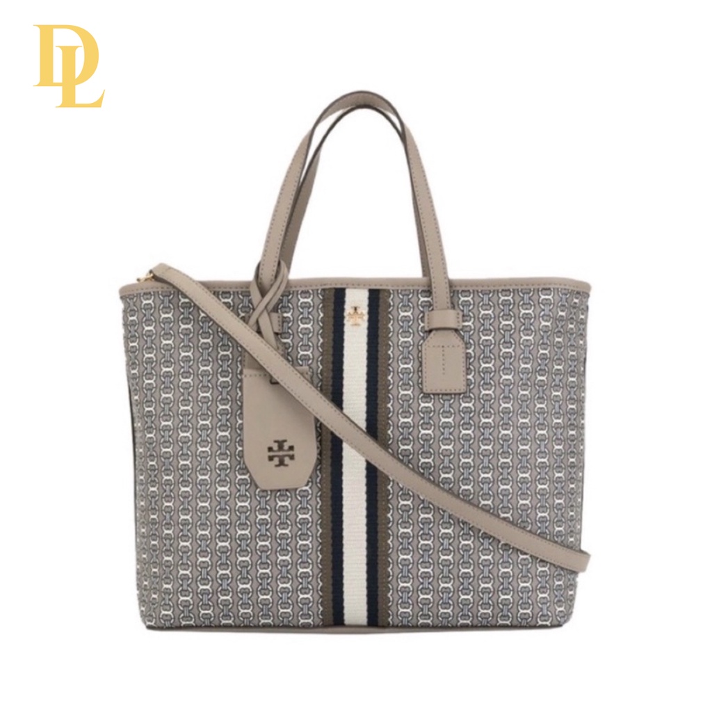 TORY BURCH TOTE BAG GEMINI LINK CANVAS GRAY HERON
