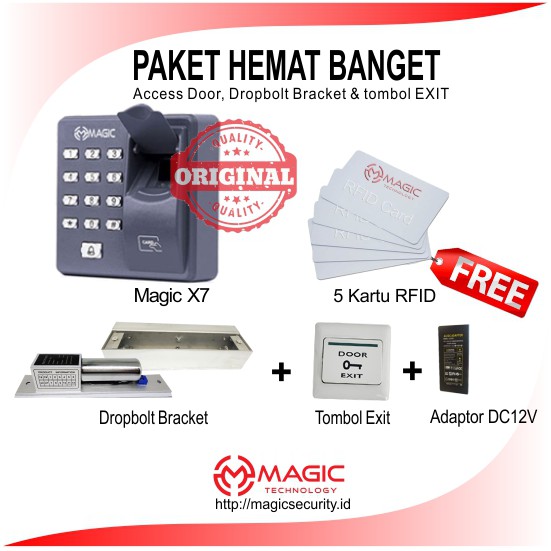 Paket Access Control Pintu Zkteco X7 untuk Pintu Full Kaca Dropbolt
