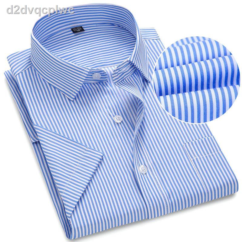 > Kemeja bergaris warna murni pria musim panas lengan pendek tipis longgar bisnis paruh baya kasual