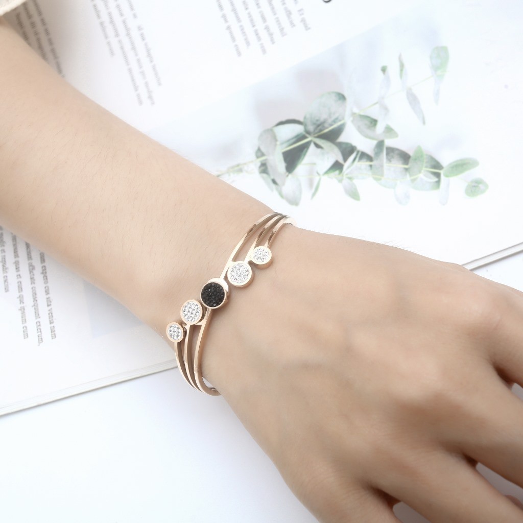 Gelang Titanium Premium Bangle 3 Layer Bulat Hitam Putih Rose Gold - BB503