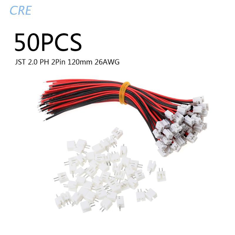 CRE  50 SETS Mini Micro JST 2.0 PH 2-Pin Connector Plug with Wires Cables 120MM 26AWG