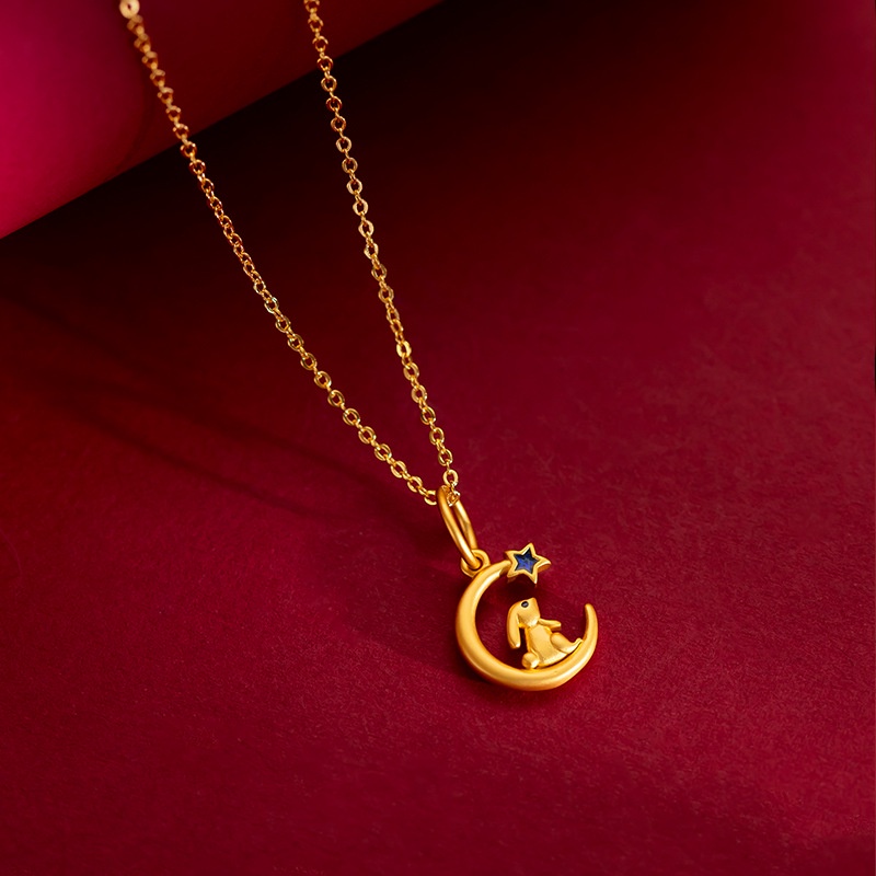 Kalung Rantai Klavikula 24K Desain Bulan Kelinci Kecil Bahan Giok Lembut Untuk Aksesoris Pelajar Perempuan