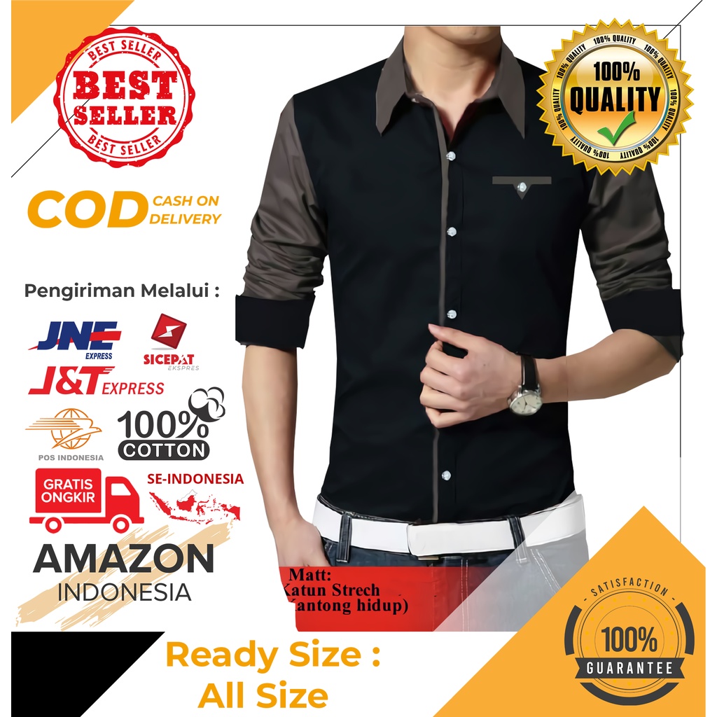 Kemeja Pria Boyi Top Man Excel Black Dark Grey Lengan Panjang Kasual Polos Formal Kerja