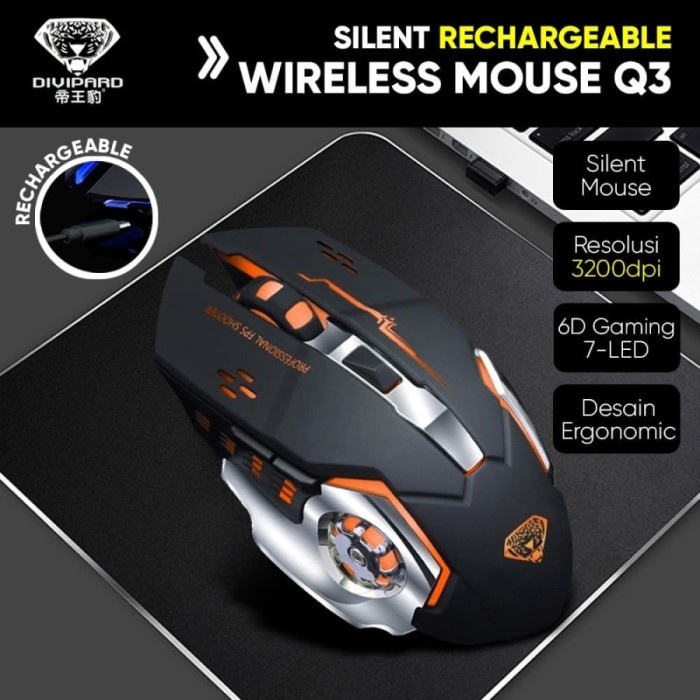 Mouse Gaming wireless Charging Silent 2.4Ghz 7 Color RGB Divipard Q3