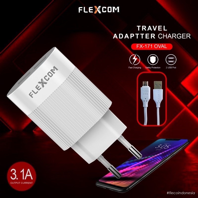 PROMO CHARGER FX171 2USB FLEXCOM ORIGINAL KABEL DATA MICRO OVAL