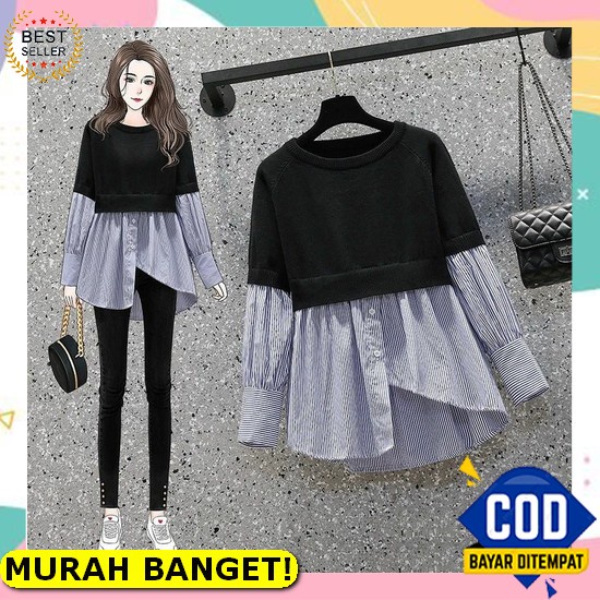 Bagus Dipakai - Atasan Wanita Jumbo Hitam Kekinian Putih Import Kotak Hem D4L0 Bigsize Big Size Baju