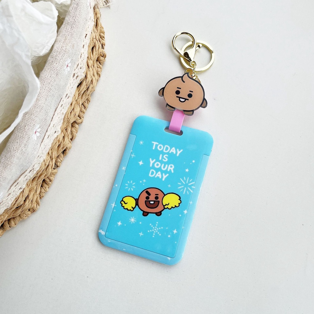 KPOP BTS BT21 Card Holder Hard Case TATA COOKY Photocard Protector Key Ring dengan Rantai Gantung yang Dapat Direnggangkan