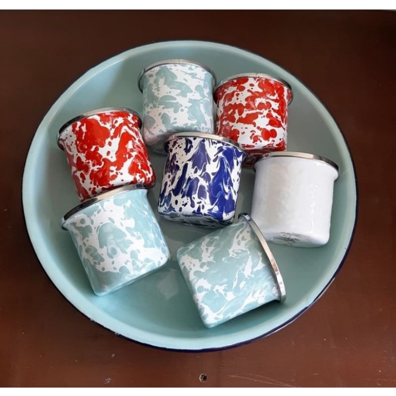 MUG GELAS CANGKIR ENAMEL SENG BLIRIK BLURIK BURIK LURIK LOREK LORENG BATIK JADUL RAMAKIN 6cm ISI 4pc