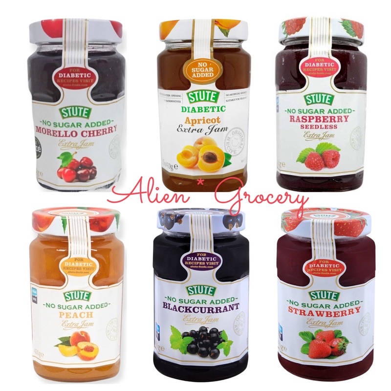 Stute Diabetic Diet Selai Jam Apricot Strawberry Blueberry Morrelo Cherry Blackcurrant Peach 430gr