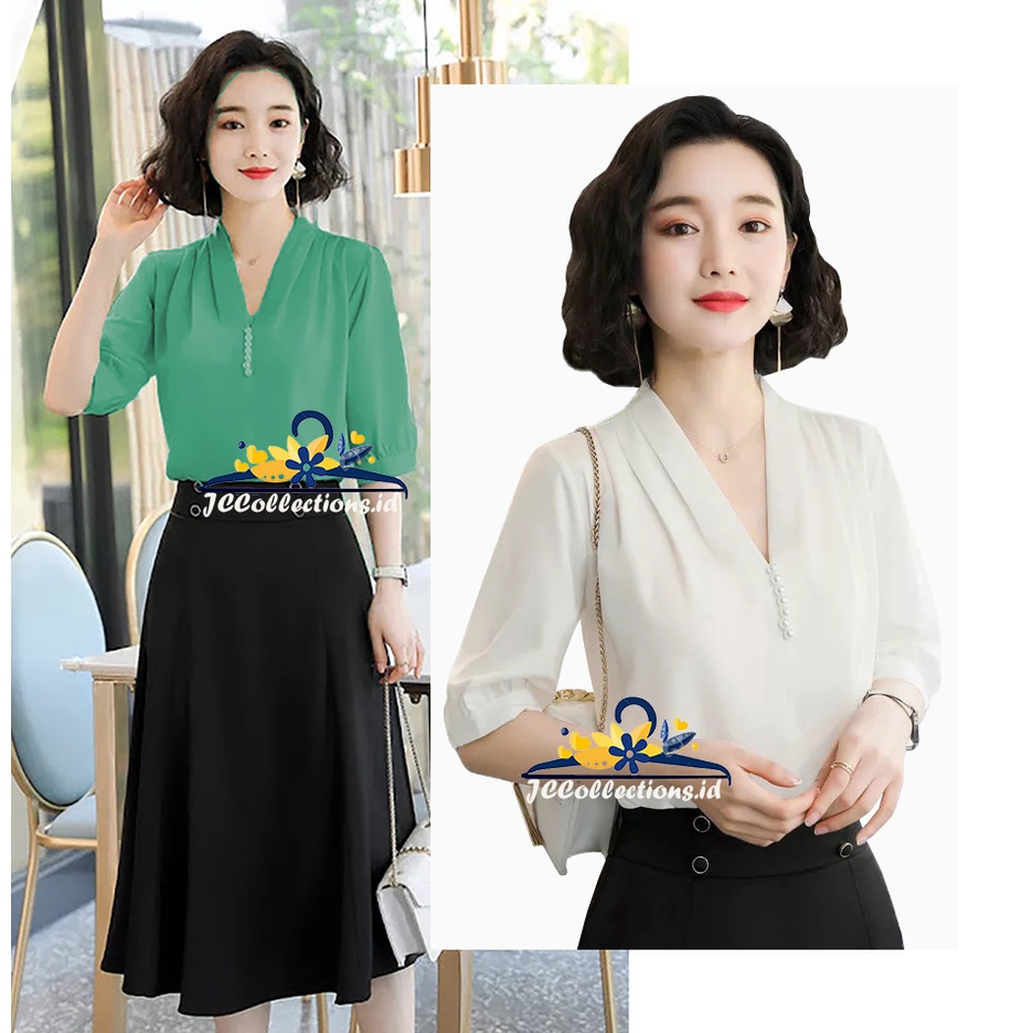 Korea Blouse lengan pendek Variasi mutiara di leher Nattya - JCCOllections