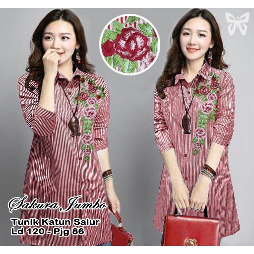 HOPYLOVY - Kemeja Wanita Jumbo Motif Salur Variasi Bordir Sakura