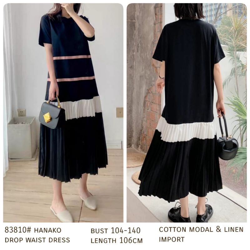83810 Fashion Baju Maxi Dress panjang lengan pendek polos bawah plisket hitam katun linen import gay