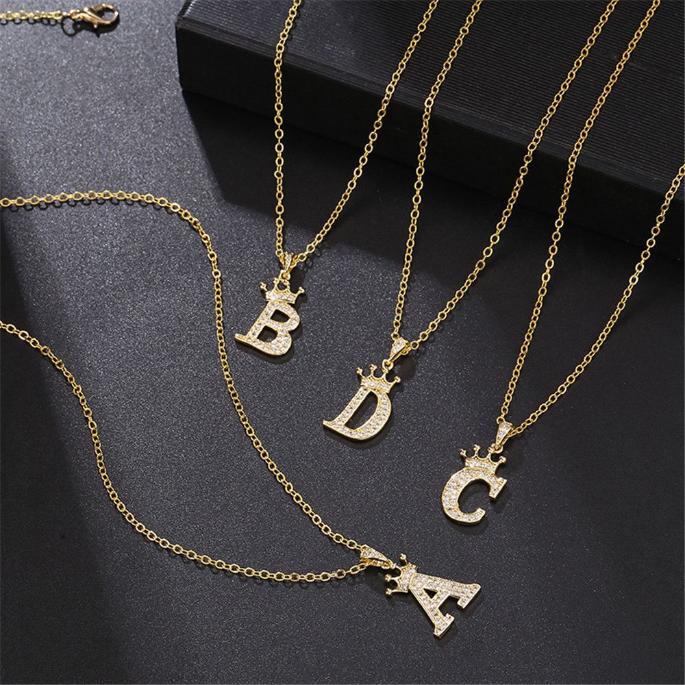 ROW Gifts Crown Necklace Fashion Pendant Cubic Zirconia Women Jewelry Accessories Trend 18K Gold Plated Initials 26 Letters