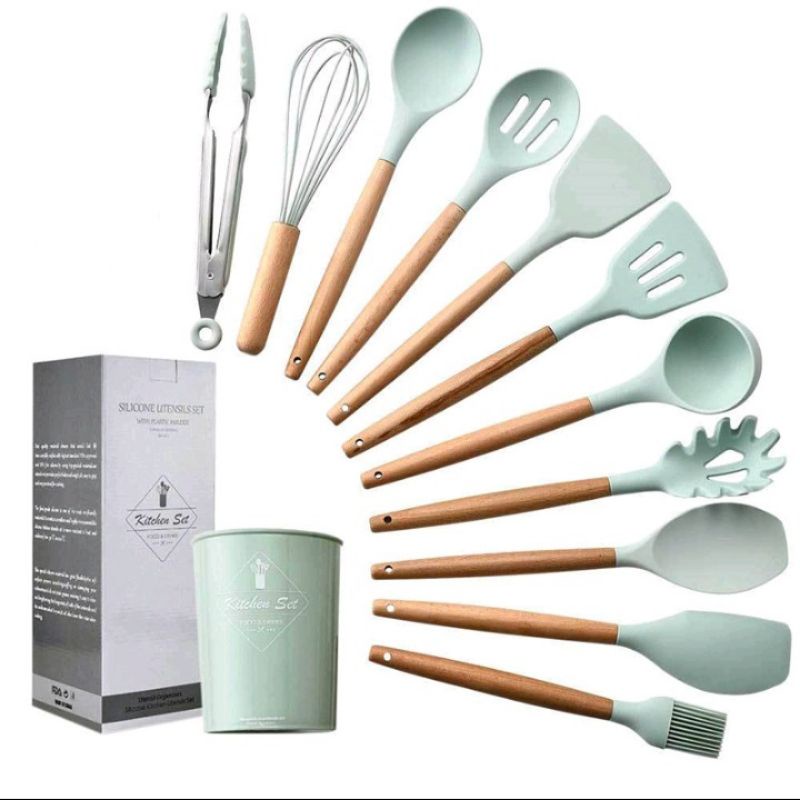 TERBARU!! SILLICONE UTENSIL SET 11 PCS PERALATAN MASAK BAKING SUTIL SPATULA GAGANG KAYU