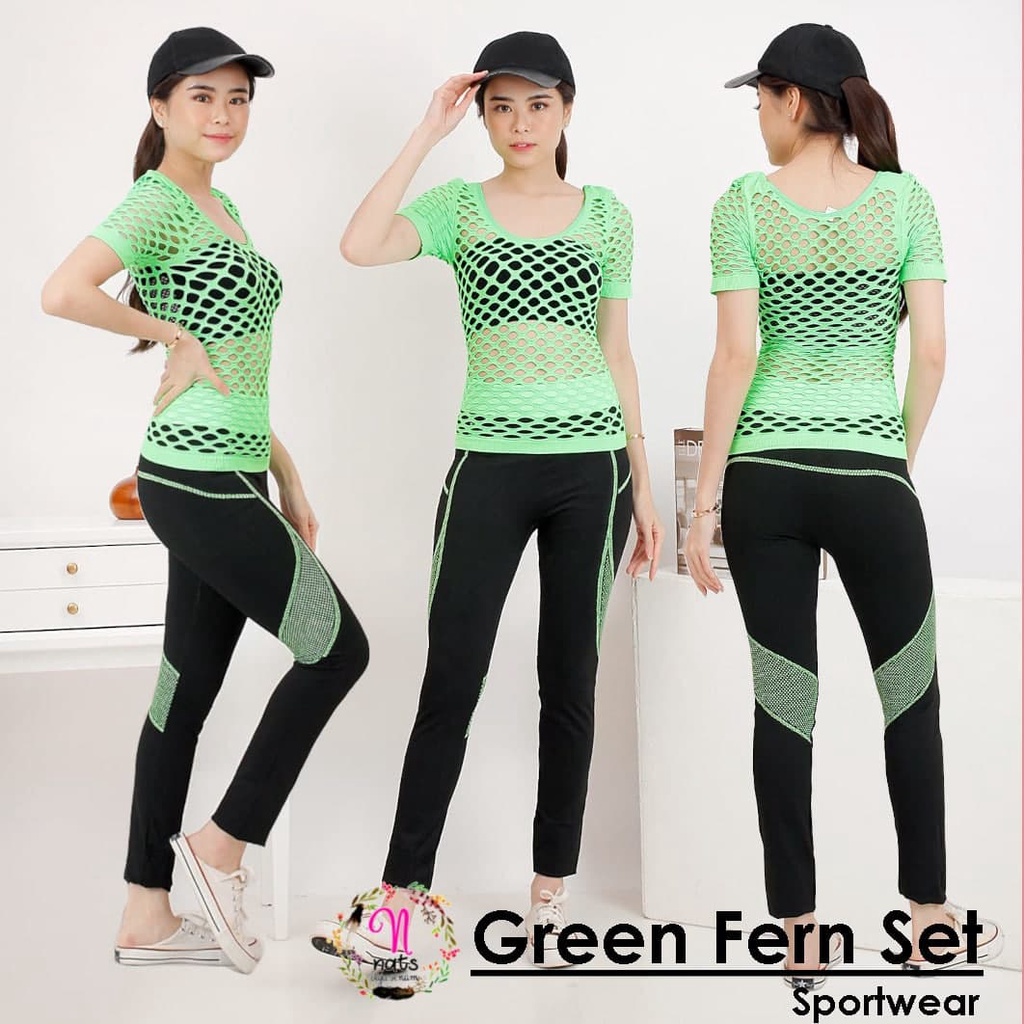 Pakaian Olahraga Setelan senam 3 in 1 GREEN FERN SET baju senam wanita set olahraga legging zumba ce