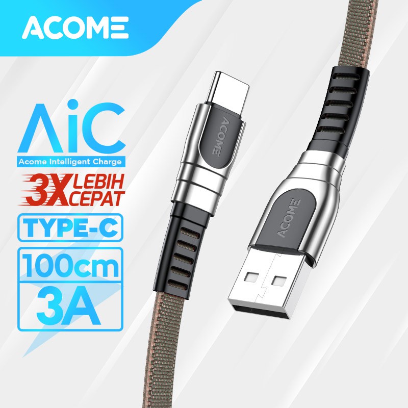 ACOME Kabel Data Type-C 100cm cable  AiC Fast Charging 3A Garansi Resmi 1 Tahun AKC-010