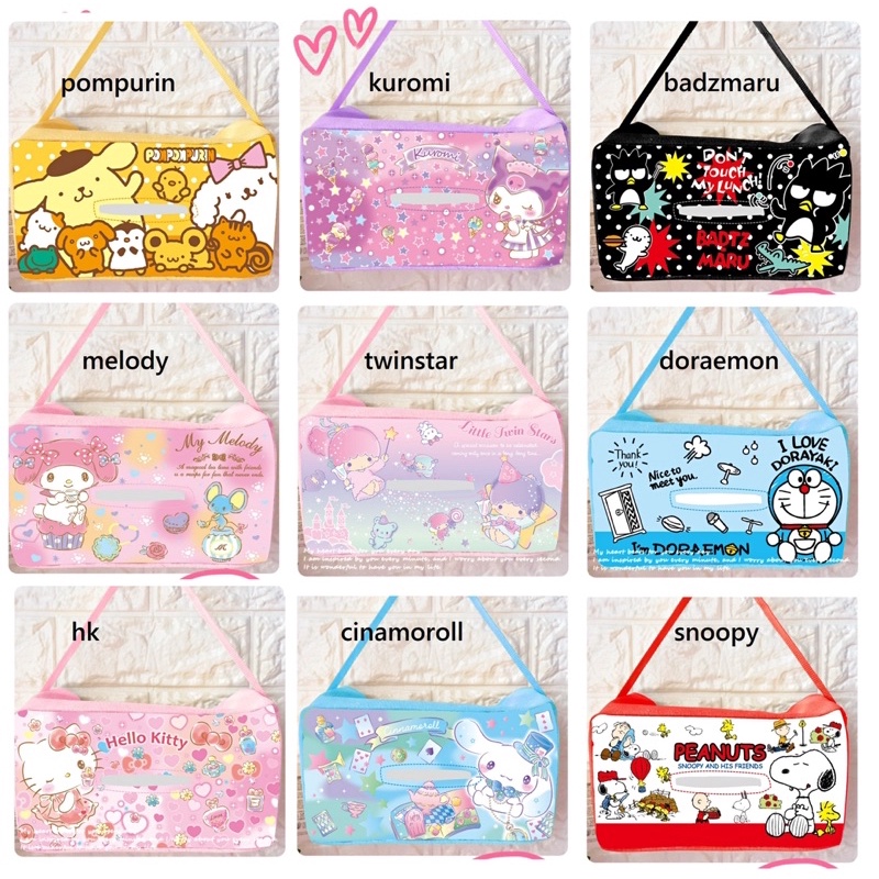 tempat tissue gantung besar mobil hello kitty melody pompurin cinamoroll snoopy tissue cover