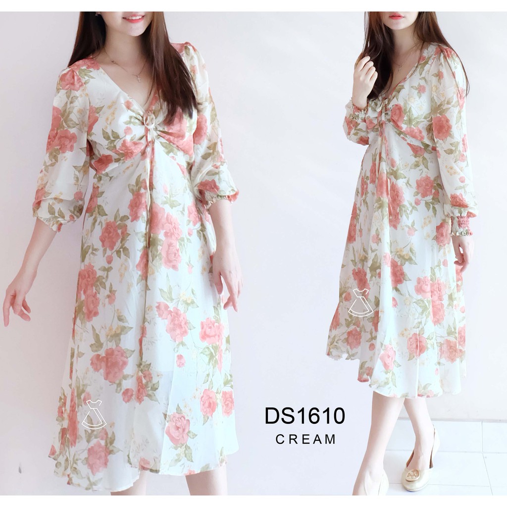 DS1610 - DRESS CASUAL WANITA BASIC FLOWER COMFY PASTEL KOREAN LOOK