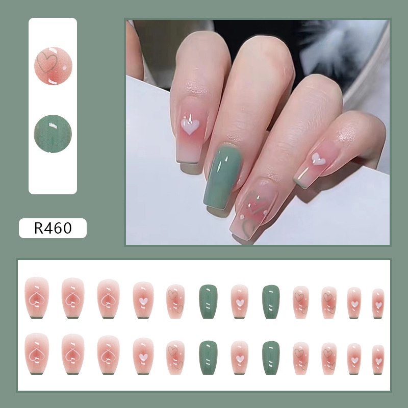 24pcs / box Kuku Palsu Panjang Warna Gradasi Hijau Dan Pink Untuk Ballet