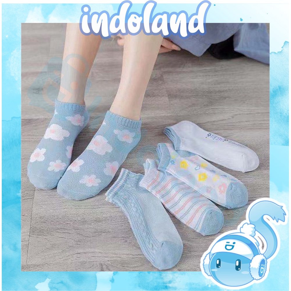 ☀ INDOLAND ☀ Kaos Kaki Wanita Motif Bunga Biru Fashion Korea Women Sock Import Murah KK004