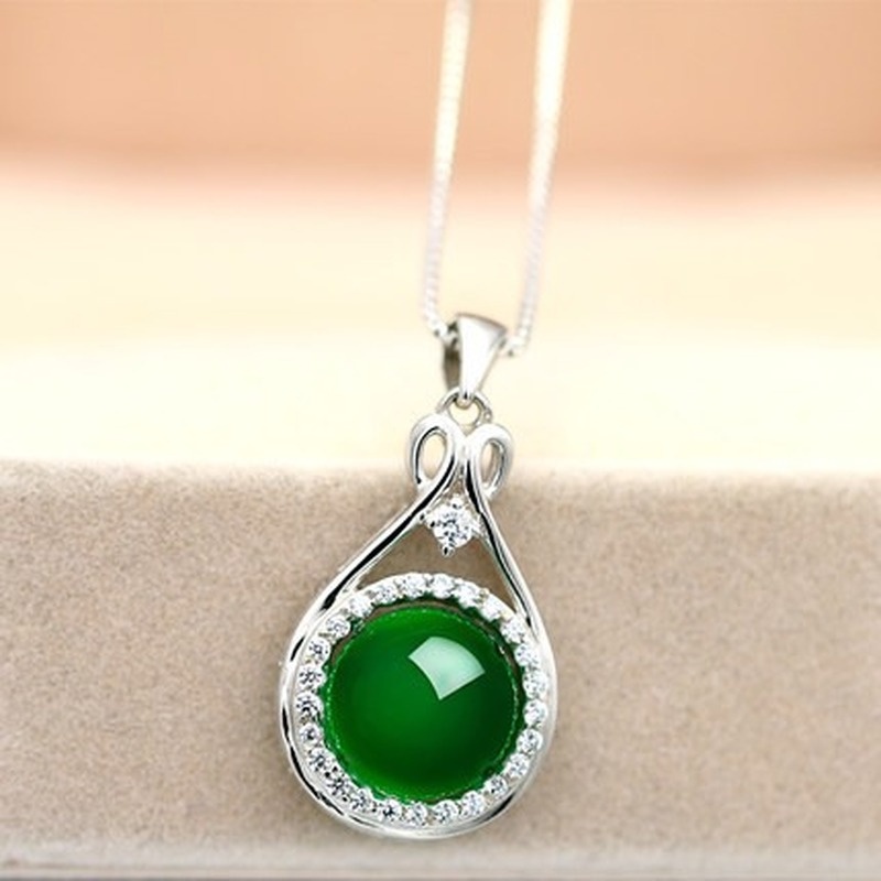 [Ready Stock]Fashion Silver Plated Mosaic Jade Pendant Necklace