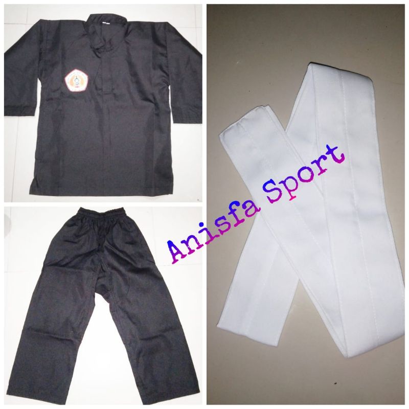 baju silat hitam ipsi sudah lengkap,baju, celana,sabuk,dan logo ipsi