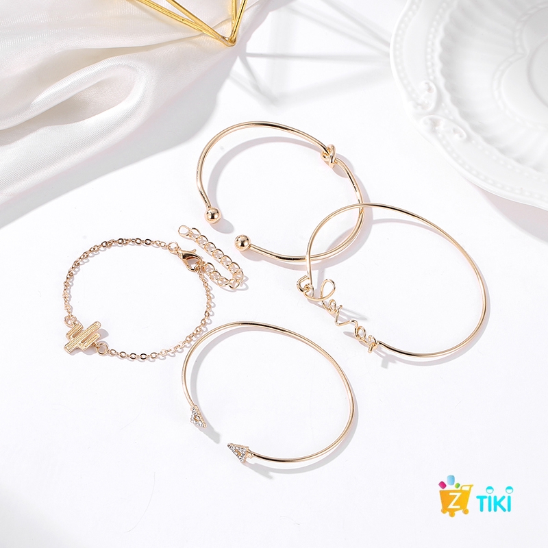 COD（TiKi）4Pcs/Set Gelang Women Gilr Gold Triangle Knot Love Cactus Opening Bangle Chain Bracelet-2