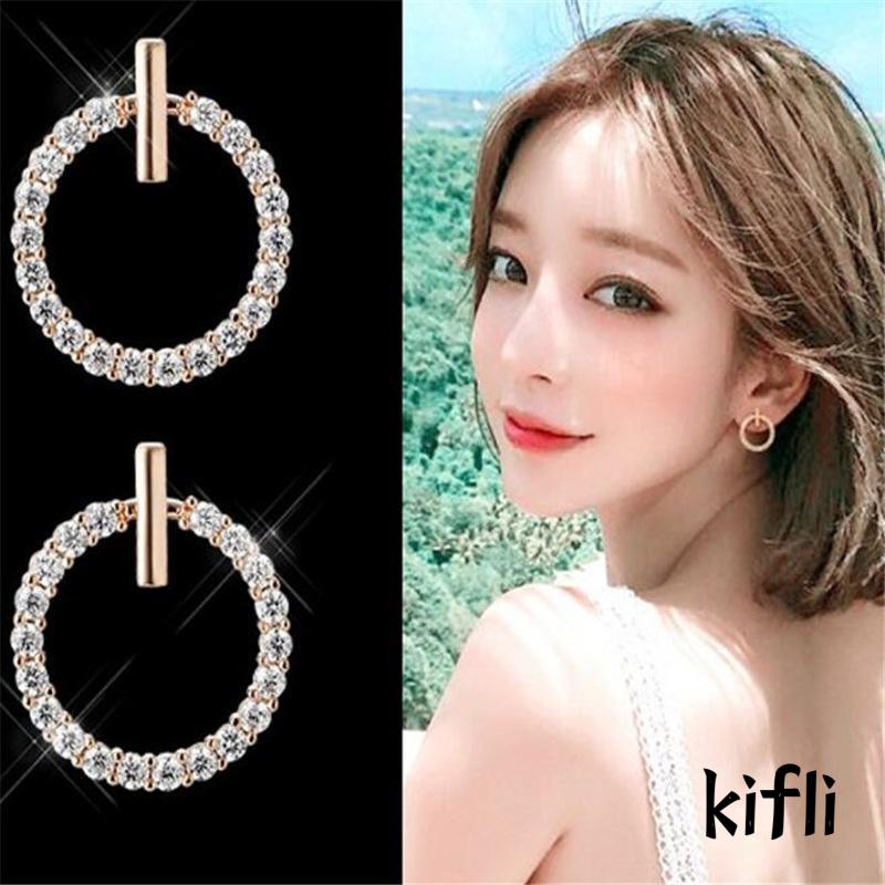 Anting Stud S925 Silver Needle Bentuk Bulat Geometris Aksen Berlian Imitasi Untuk Mahasiswa