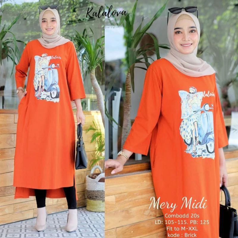 Mery midi/baju dress midi  cewek muslimah terbaru/terlaris kaos midi bahan combed 24s aplikasi sablon