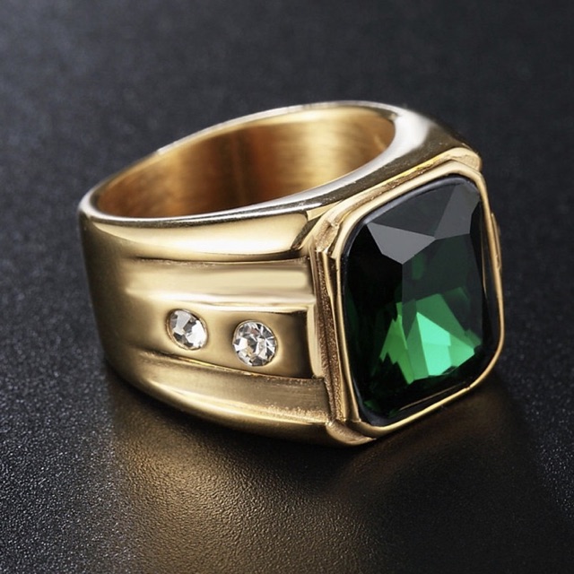 Cincin Pria Titanium Zamrud Hijau Green Emerald Ring Warna Emas Octagon Mewah Minimalis