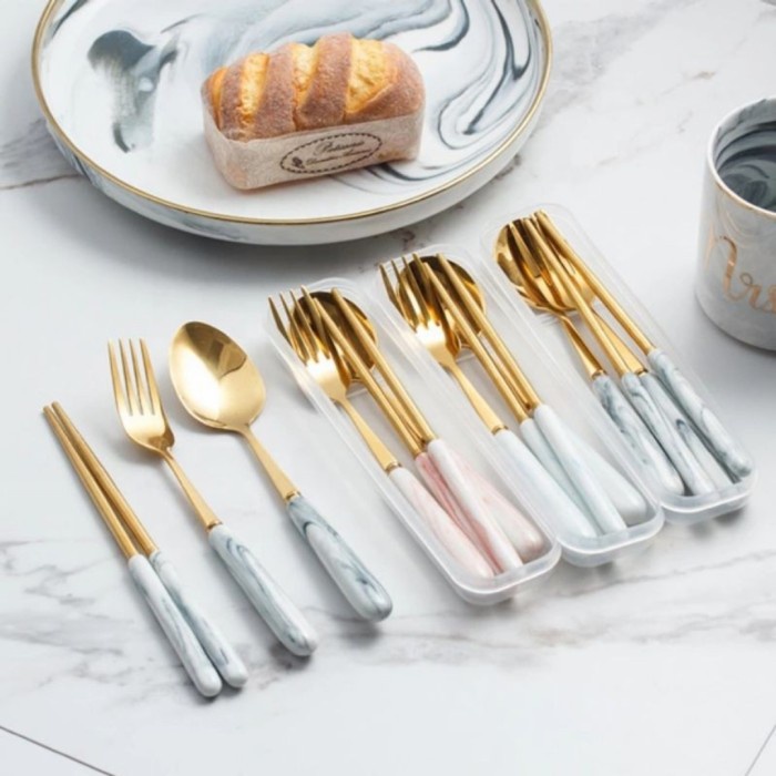 Cutlery Set - Sendok Garpu Set Korea Marble Gold Cutlery + Box / Alat Makan Cantik