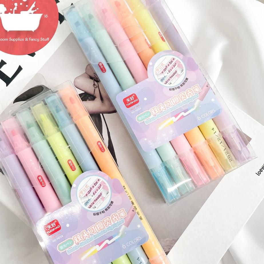 

Telah Hadir Highlighter dua sisi 2 sisi bisa di hapus dengan box eraseable BUKAN MERK STABILO alat tulis kantor unik lucu viral`