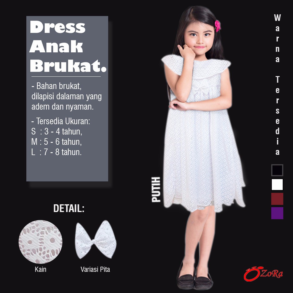 Dress Anak PUTIH Import Branded OZORA Brukat Perempuan Cewek Murah Baju Pakaian