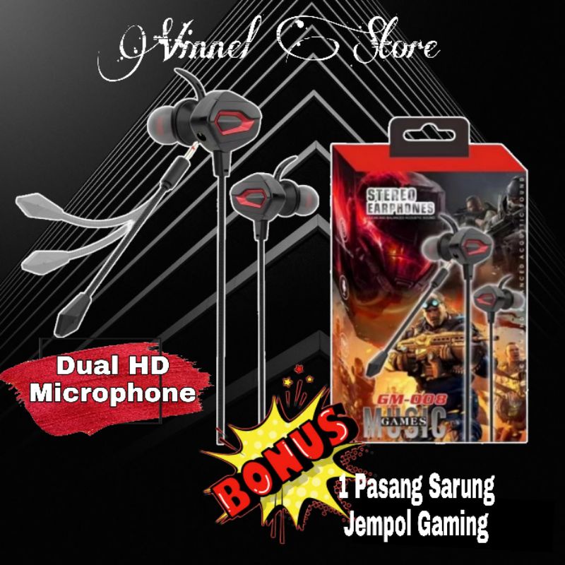 [ PROMO ] Earphone Gaming GM-008 Original With Dual HD Microphone -. Headset Gaming Free Sarung Jempol