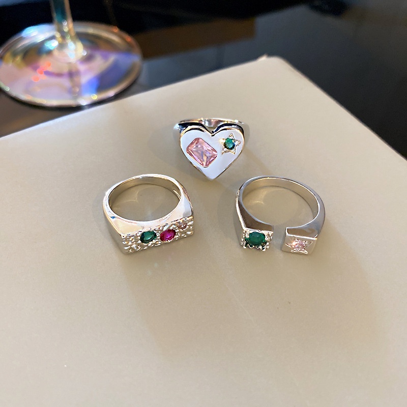 Set Cincin Berlian Bentuk Hati Gaya Korea Selatan