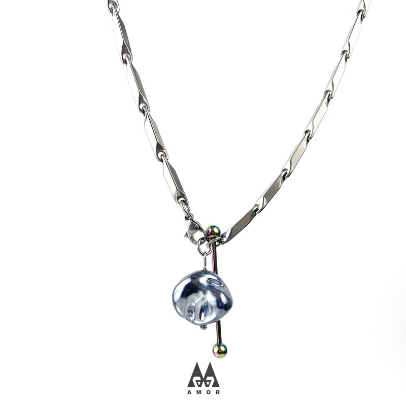 Kalung Liontin Mutiara Biru Bahan stainless steel Gaya hip-hop