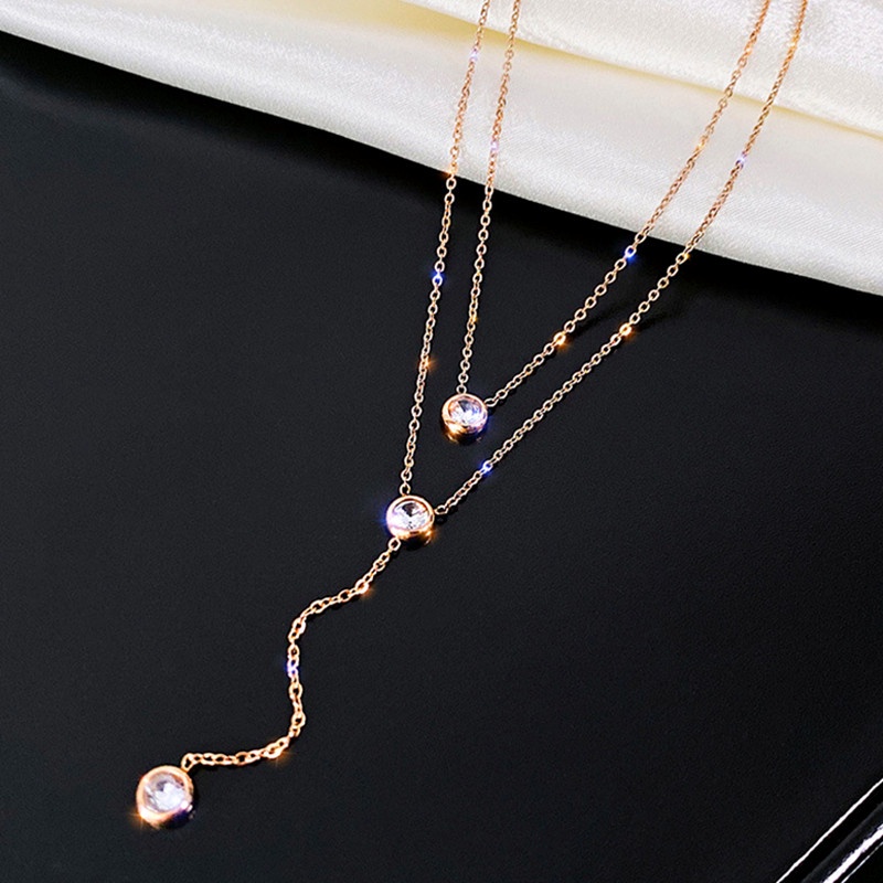 Kalung 2 Layer Titanium Anti Karat Berlian Mewah Klasik Korea Perhiasan Wanita