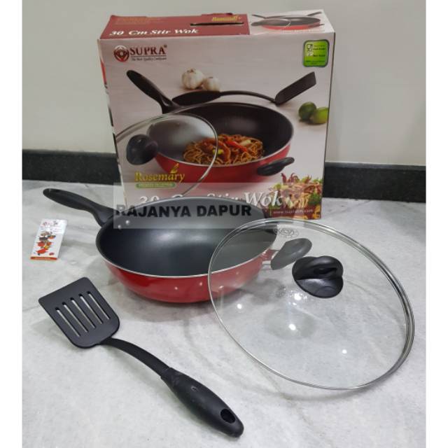 Supra wajan 28 30 32 cm tutup kaca dan spatula/wajan penggorengan teflon supra/ panci teflon supra -