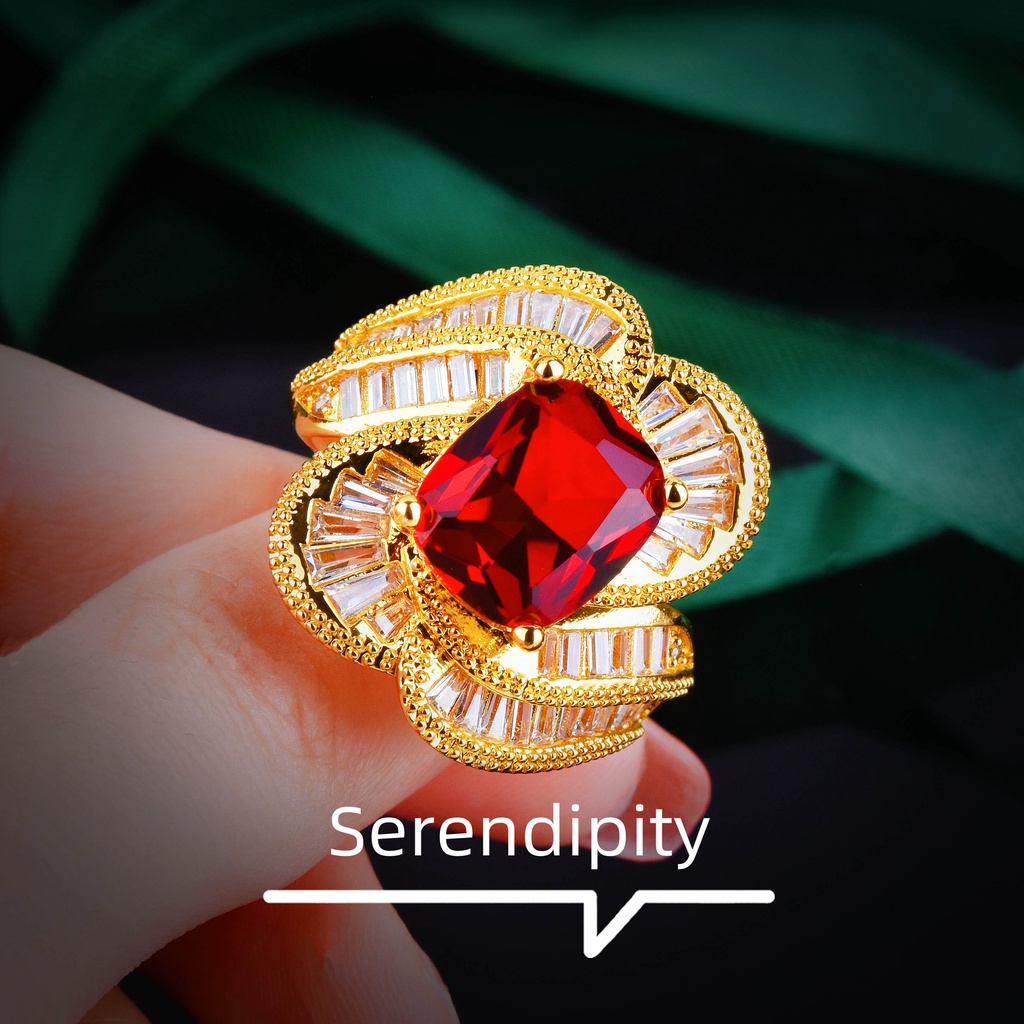 Cincin Emas Emas Asli Kadar 375Hias Berlian Ruby Bentuk Persegi Gaya Italia Retro