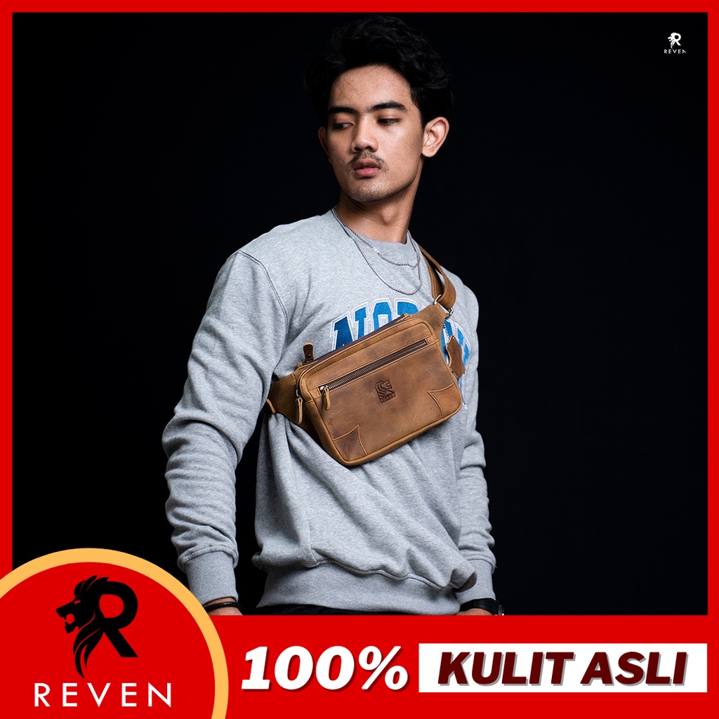 Tas Selempang Kulit Pria Reven Hazar Waistbag Branded Original Kulit Sapi Asli Premium