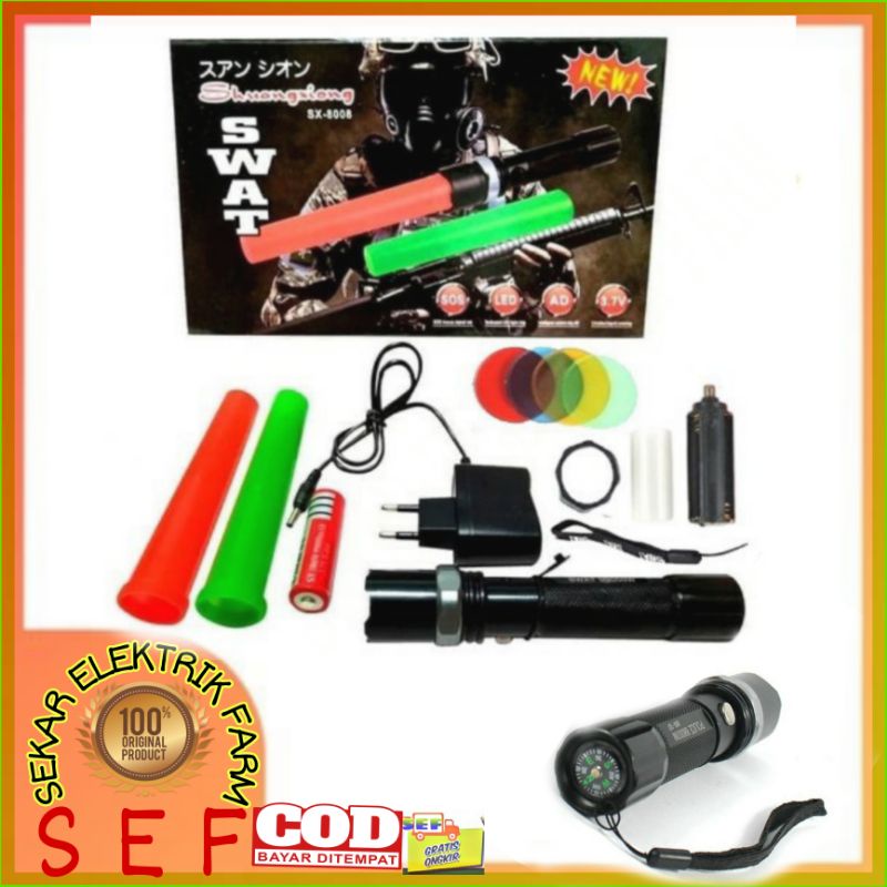 Senter SWAT Lalin Double Cone Flashlight Red Light Kedip Warna Lampu Terang / Kedip kedip