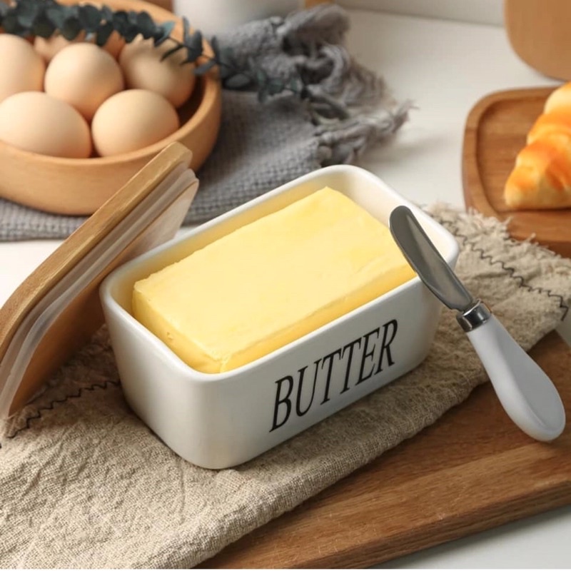 (BOW) Kotak Penyimpanan Mentega Butter Bahan Keramik Butter Storage Dengan Pisau Oles Dan Tutup Kayu