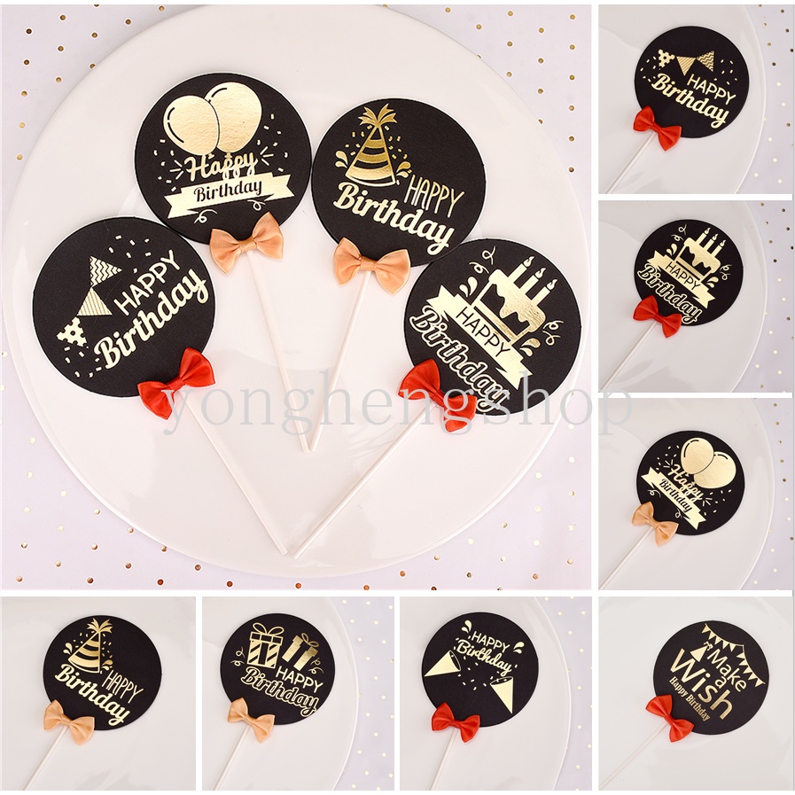 Topper Kue Desain Happy Birthday Warna Hitam Bronzing Untuk Dekorasi Pesta Baby Shower