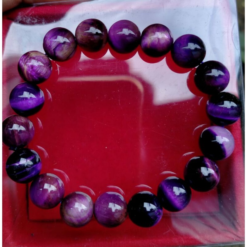 gelang batu Tiger eye warna ungu 10 mm tali karet