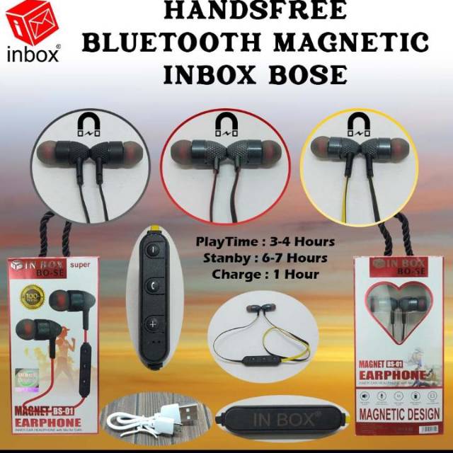 Headset Bluetooth Earphone Handsfree Magnetic INBOX BOSE