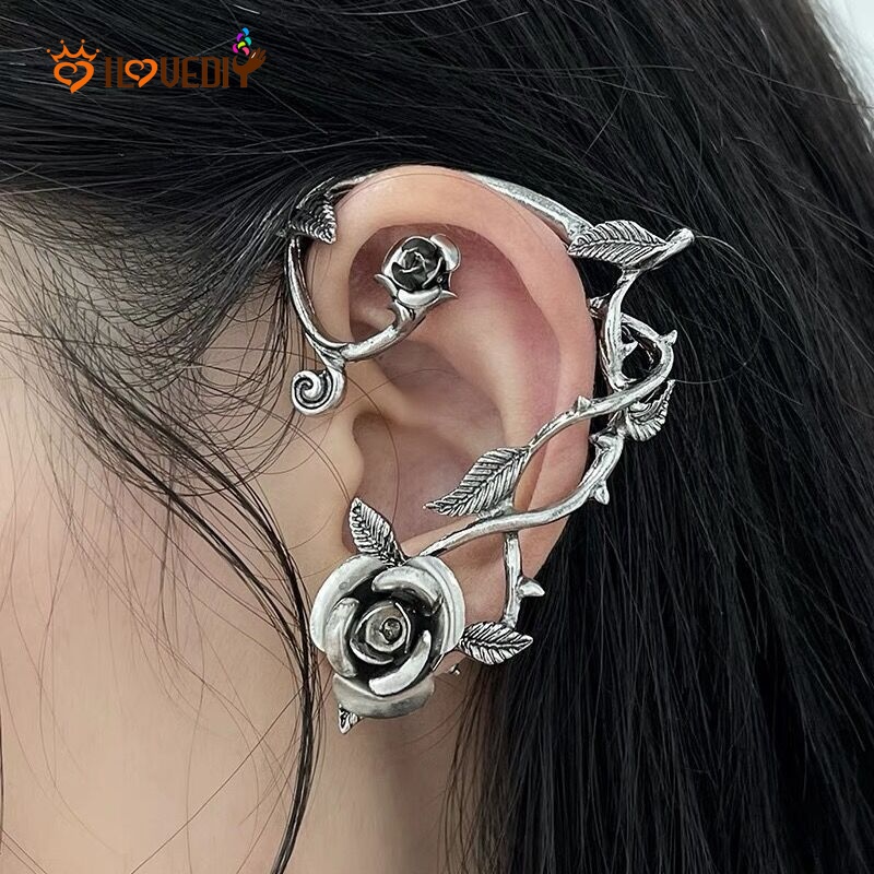 Anting Klip Tanpa Tindik Desain Hewan Bunga Mawar Demon Angel Gaya Punk Vintage Untuk Wanita