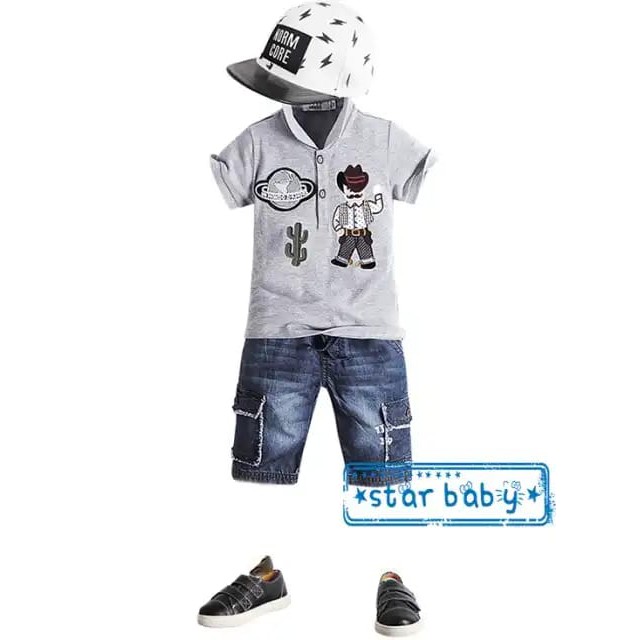 Setelan anak cowboy+short Jeans cotton combed +kaos KKSTR1314