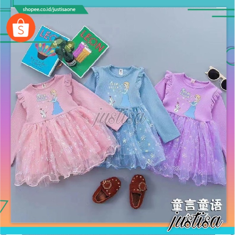 Promo !! Dress anak perempuan import / Dress snow queen text elsa Ukuran 4 Bulan - 2 Tahun / Dress anak lucu